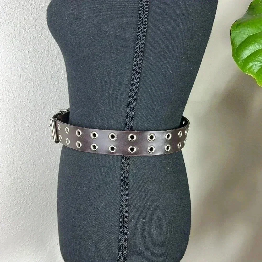 Brown Vegan Leather Double Silver Tone Grommet and Buckle Belt Large